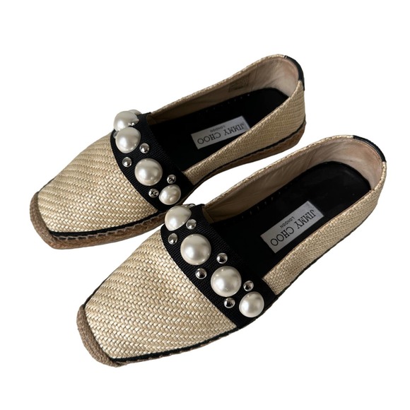 Jimmy Choo Dru Espadrilles Raffia Flats with Pearls in Natural/Black Size 37 - Picture 15 of 16